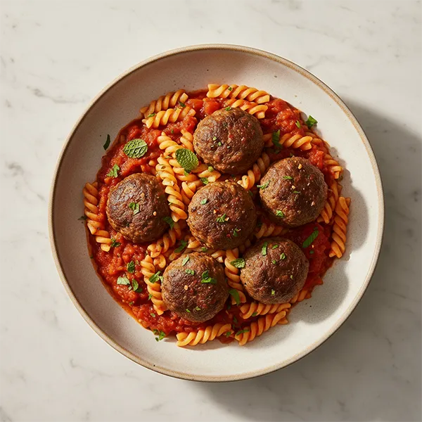 Heritage Arabic Beef Meatballs and Tomato Sauce with fusilli
